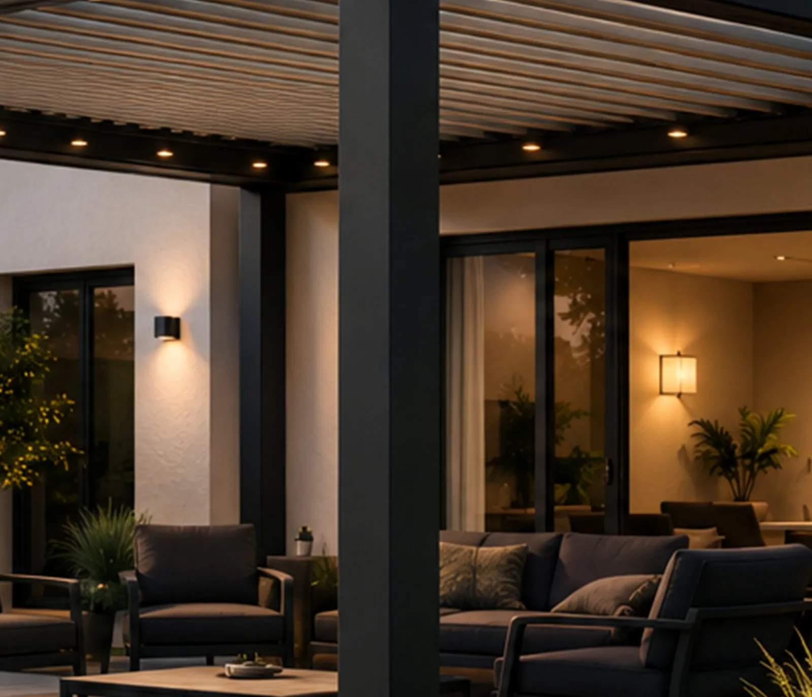 Pergola bioclimatique éclairée par ses LED devant une maison contemporaine, au crépuscule