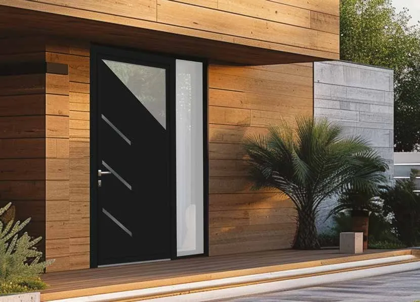Porte d'entrée contemporaine en aluminium noir, vitrage en diagonale et fixe latéral, dans un bardage bois