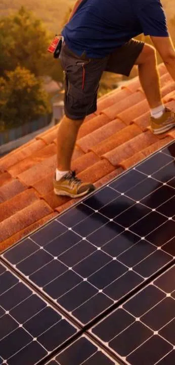 Poseur sur une toiture en tuiles équipée de panneaux photovoltaïques